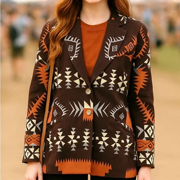 Boho Western Aztec Print Blazer‎ Jacket Southwestern Rustic Festival - Picture 2 of 10